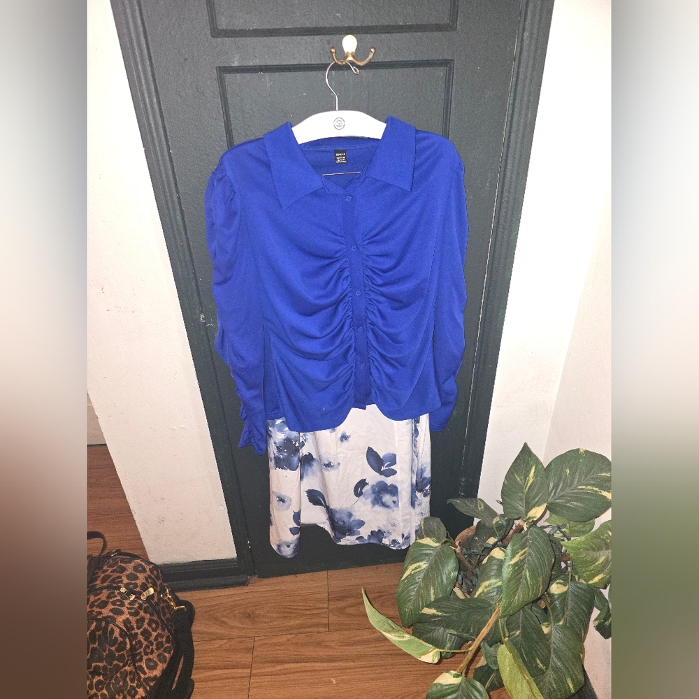 Blue Button-Up Blouse with Floral Skirt Set